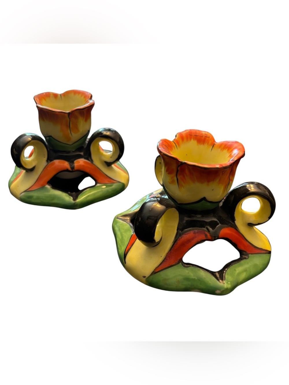 Beautiful Pair of Hand-Painted Ceramic Floral Candle Holders from Japan 🇯🇵✨